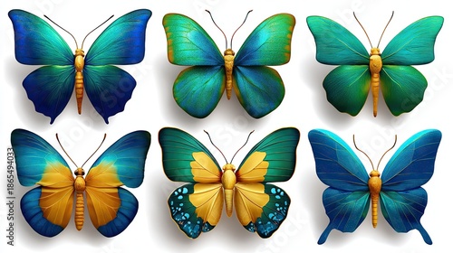 Butterfly Symphony: An enchanting array of vividly colored butterflies, showcasing a spectrum of blues, greens, and golds. Each specimen presents intricate details and unique patterns.