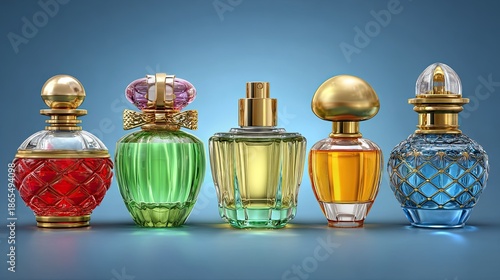 Essence of Elegance: A captivating arrangement of luxury perfume bottles, each a unique masterpiece of design, showcasing the artistry of fragrance.