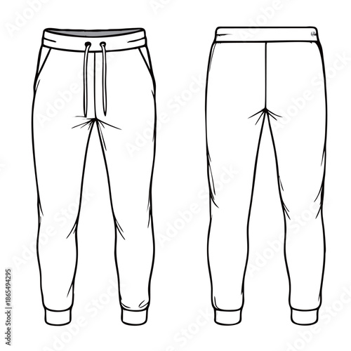 Stylish pair of casual long trousers for men or women isolated on white background, showcasing high-quality fabric and modern fashion design