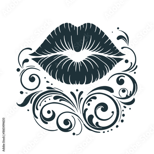 Stylized kiss mark design with floral embellishments  