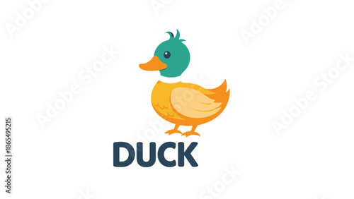 Colorful cartoon illustration of a duck with blue head and orange body.