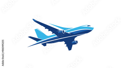 Illustration of a blue commercial airplane flying in the sky.