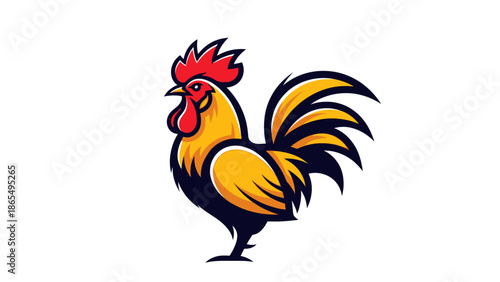 Colorful rooster standing with detailed feathers and vibrant comb.