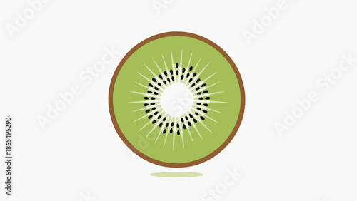 Close-up illustration of a sliced kiwi fruit with seeds and green flesh.