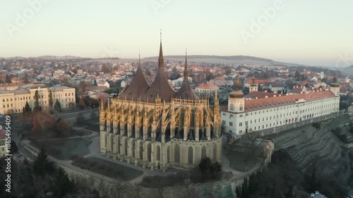 4k Aerial Drone View of St. Barbara's Church in Kutna Hora at Sunrise, 4K.  Czech Republic