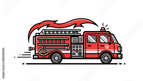 Illustration of a red fire truck speeding with flames in the background.