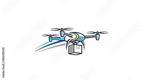 Colorful drone delivering a package with four rotors in flight.