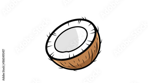 Illustration of a half coconut with white flesh and brown hairy shell.