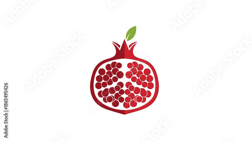 Illustration of a halved pomegranate showing seeds inside with a leaf on top.