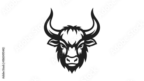 Stylized black and white illustration of a bull's head with prominent horns and fierce expression.
