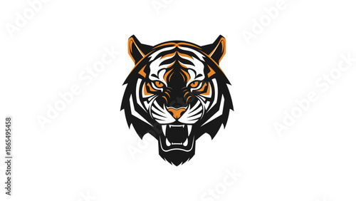 Illustration of a fierce tiger head with sharp eyes and open mouth.