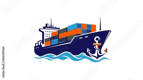 Illustration of a large cargo ship sailing on the ocean with colorful containers.