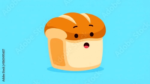 Cartoon bread loaf animation on a blue background.