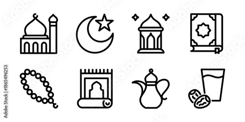 Ramadan islamic outline icon set with mosque, crescent moon, fanous lantern, Quran, prayer rug, dates, water and arabic teapot. Clean contour vector symbols isolated.