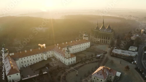 4k Aerial Drone View of St. Barbara's Church in Kutna Hora at Sunrise, 4K.  Czech Republic