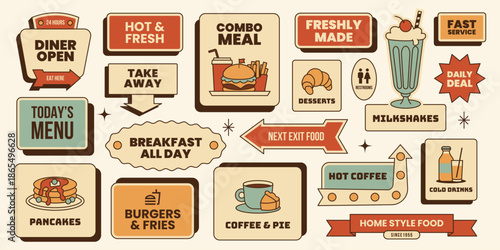 Retro sticker set. Breakfast diner signs, pancakes,burger,milkshake, croissant, arrows and more. Vector illustration in vintage colors mid century 50s, food flyer,travel design,restaurant menu