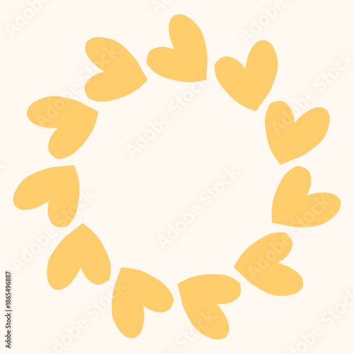 Simple circular frame made of bold yellow heart shapes arranged in a clean, modern ring. Minimal and playful design perfect for Valentines Day, love themed graphics, cards, stickers, and invitations