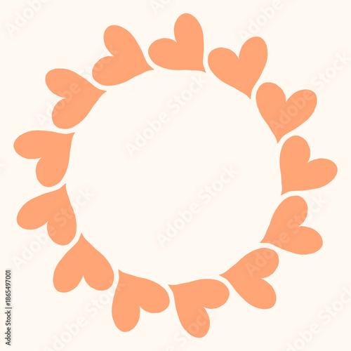 Simple circular frame made of bold pink heart shapes arranged in a clean, modern ring. Minimal and playful design perfect for Valentines Day, love themed graphics, cards, stickers, and invitations