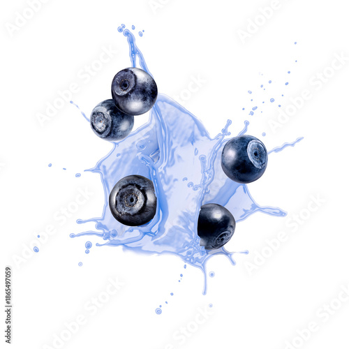 Milk shake splash and blueberries in air on white background © New Africa