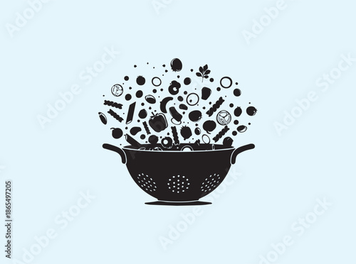Simple black colander icon with active food preparation concept
