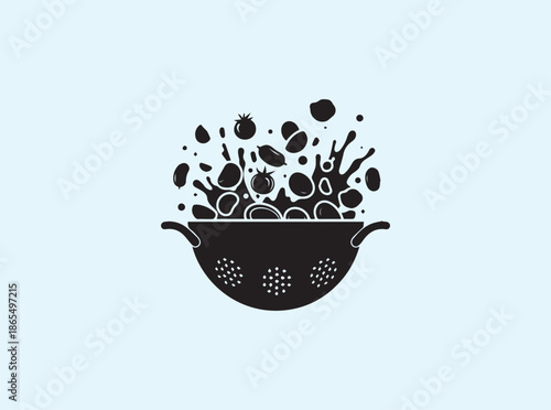 Colander cookware silhouette with expressive food movement
