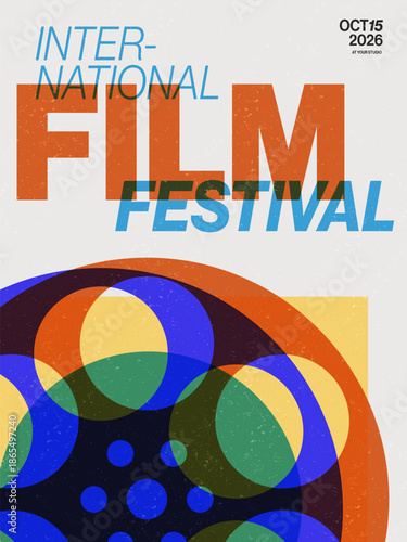 Retro international film festival poster template with abstract film reel, grainy texture, and overlapping typography. Vintage cinema event flyer design. Vector illustration