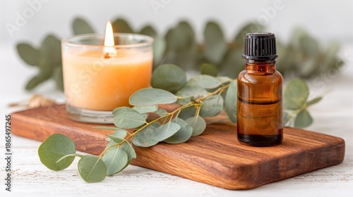 Burning scented candle and essential oil bottle rest upon a wooden board with greenery