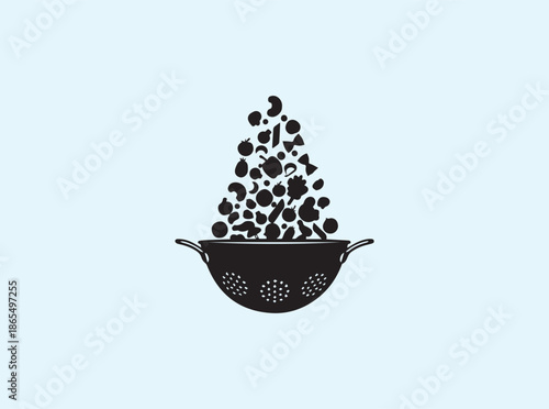 Culinary colander silhouette with dramatic preparation action
