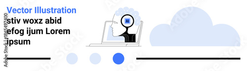 Human profile with AI circuit head, magnifying lens analyzing data, laptop, cloud. Ideal for technology, AI, innovation, brainstorming, research startups education simple landing page
