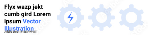 Technology, energy, process optimization, automation, software solutions, innovation. Three gears with a central lightning symbol. Technology and energy concepts illustrated