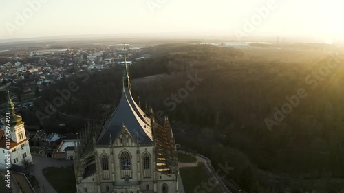 4k Aerial Drone View of St. Barbara's Church in Kutna Hora at Sunrise, 4K.  Czech Republic