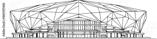 Minimalist black line art stadium architecture vector geometric modern structure World Cup 2026 venue architectural drawing isolated white background