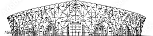 Minimalist black line art stadium architecture vector geometric modern structure World Cup 2026 venue architectural drawing isolated white background