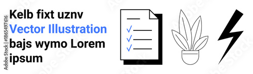 Task management, productivity, energy, checklist creation, organization, business. Minimalistic icons of a checklist, plant and lightning bolt near bold textual elements. Productivity and task