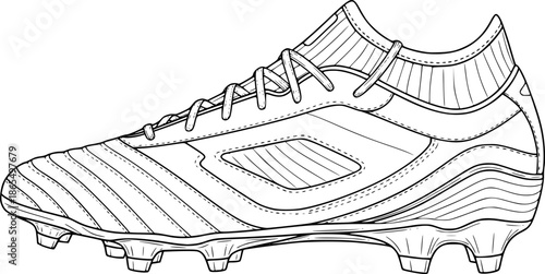 Clean black line drawing soccer cleats boots detailed illustration World Cup 2026 equipment side view technical vector isolated white background