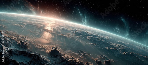 Distant planet, atmosphere glowing, sun rising, against a star-filled expanse