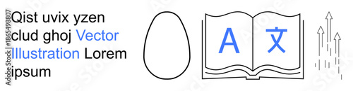 Education, language learning, translation, growth, communication, literacy. Abstract egg shape, open book with symbols and upward arrows. Language learning and education concept