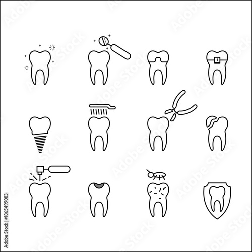 Minimal line vector icon set of dental care and dentistry concepts including tooth cleaning, examination, extraction, braces, implant, cavity treatment, and oral health symbols.