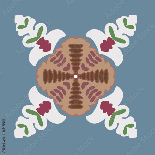 Symmetrical Floral Ornamental Tile in Earthy Blue and Brown Tones