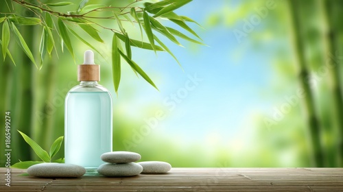 Cosmetic dropper bottle rests on natural surface with serene bamboo forest background