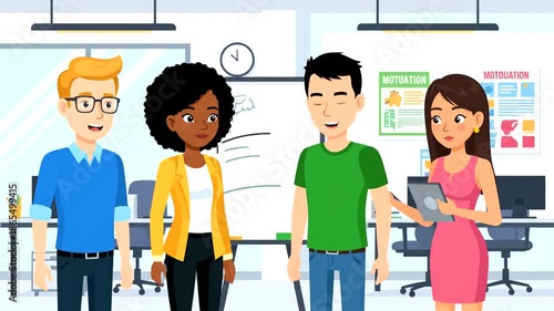 Diverse Team Meeting in Modern Office Cartoon Style.