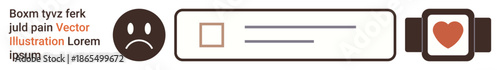Emotional expression, feedback systems, wearable technology, digital progress, health tracking, UX design. Sad face, progress bar and smartwatch with a heart icon. Emotional feedback and wearable