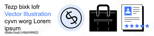 Business management, personal finance, career growth, employee review, professional services, client evaluation. Dollar symbol, briefcase and profile with stars. Business management and personal