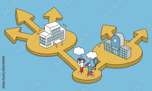 学校選び　学校ごとの特徴やその先の進路・将来の可能性について調べる学生のイラスト