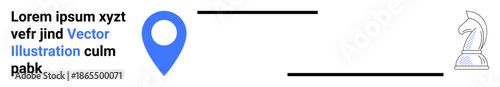 Navigation, strategy, decision-making, location services, positioning, planning. A blue map pin near text and a chess knight. Navigation and strategy illustrated through location and planning