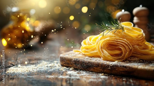 Rolled, yellow pasta nestles on wooden board, with rosemary and oil, festive lights
