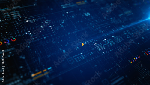 Futuristic digital data interface with abstract blue dashboard, ideal for big data, tech analysis, cybersecurity, and innovation themes. Technology data background 3d Rendering