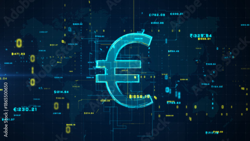 Digital Euro symbol with global financial data, representing fintech, currency exchange, and virtual economy. 3d Rendering