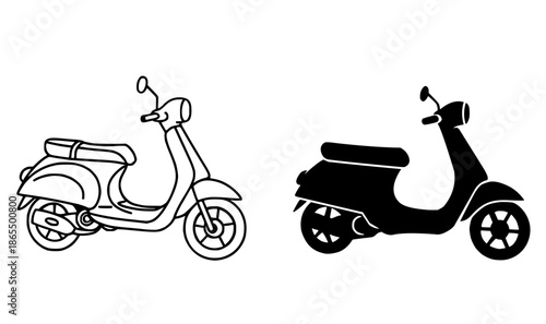 scooter illustration in outline and silhouette styles