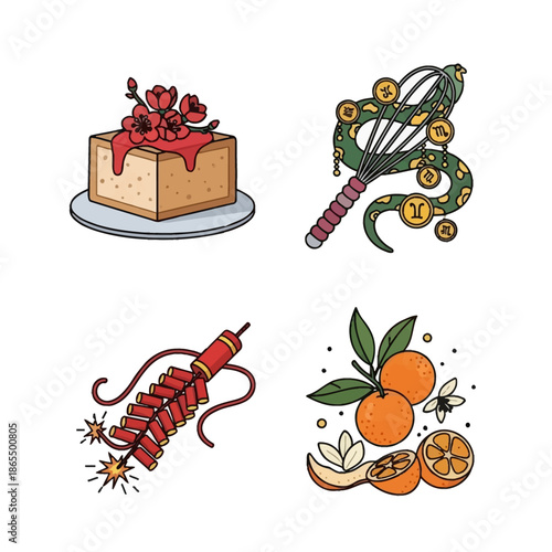 Detailed illustrations of traditional Chinese New Year elements including a cake, decorative rattle, firecrackers, and oranges.